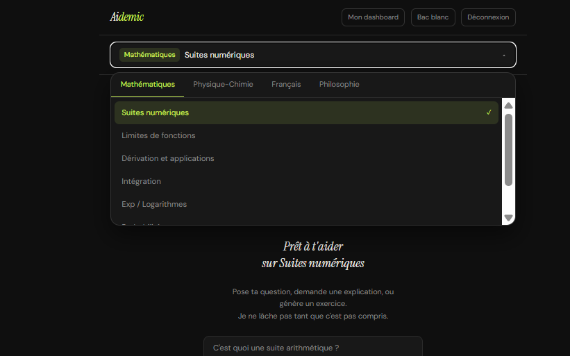 Interface d'Aidemic, tuteur IA pour le bac