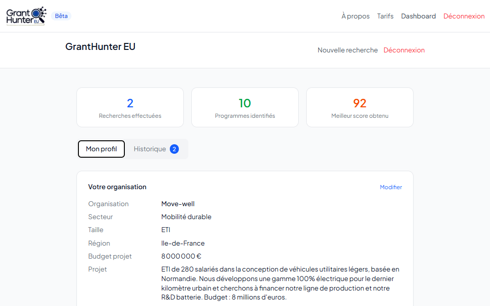 Interface de GrantHunter EU